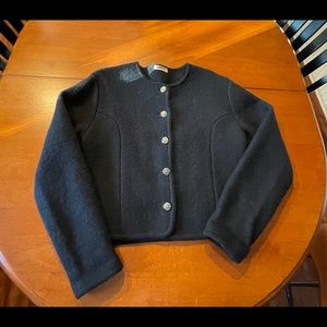 Boiled wool jacket, black, cute buttons. Fur friendly, nonsmoking home.